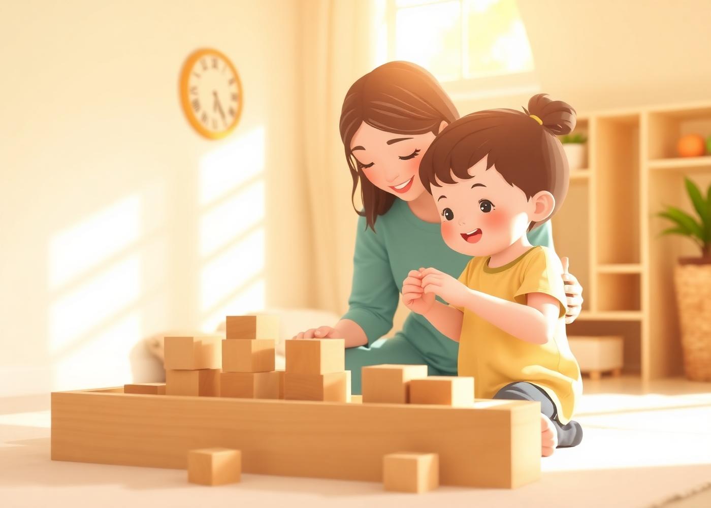 A therapist and a young child building together with wooden blocks in a bright, quiet therapy room